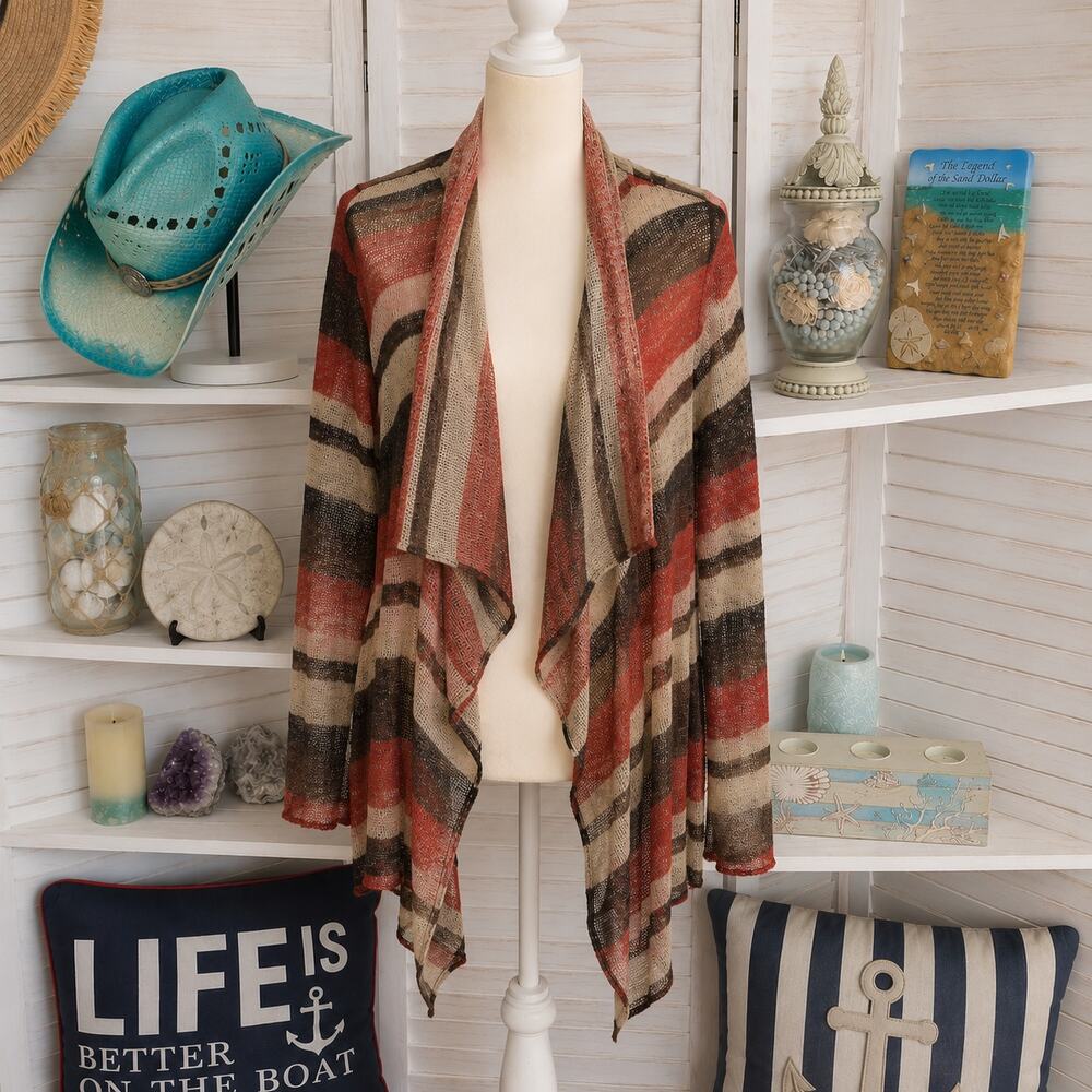 One World Boho Striped Earthtone Open Draped Lightweight Cardigan Sweater Size S